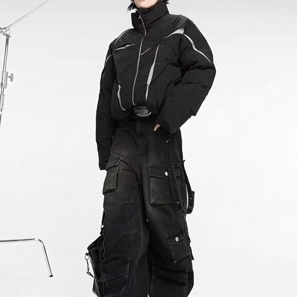 Unisex Black Baggy Cargo Pants - Trendy Wide Leg Streetwear for All Seasons - Picture 3 of 5